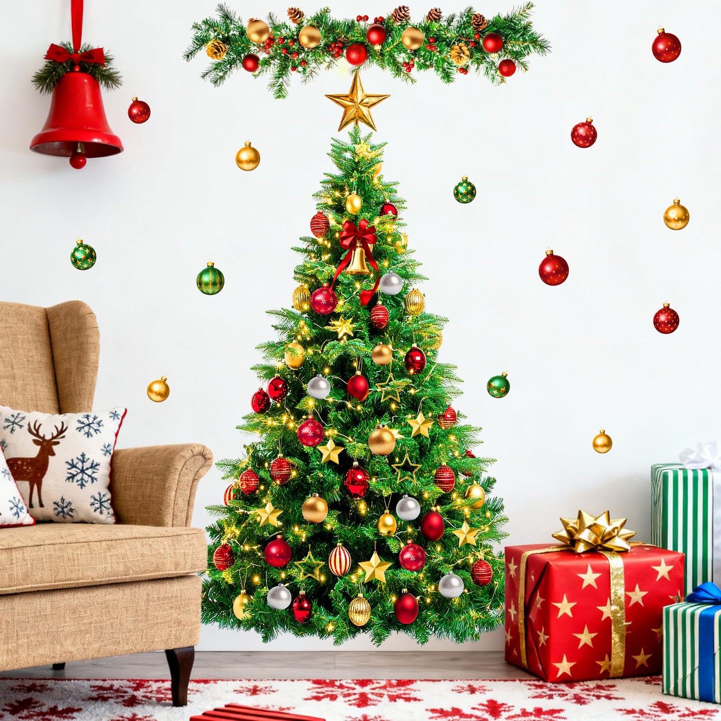Large Christmas Tree Wall Decals Peel and Stick Merry Christmas Ornament Wall Stickers Removable Winter Tree Decals Xmas Trees Stickers Xmas Holiday Window Sticker for Party Decoration
