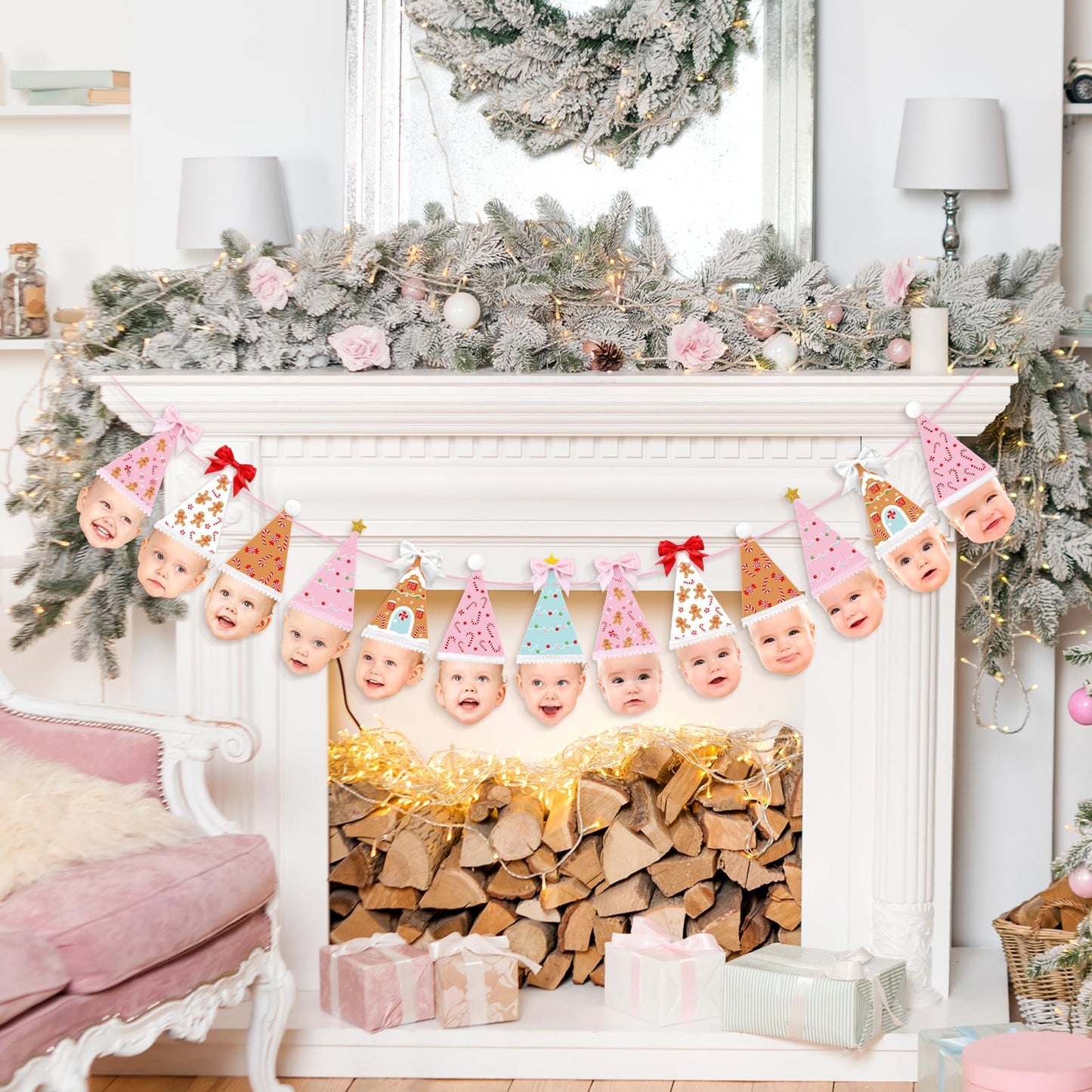 K KUMEED Custom Face Christmas Banner,Bow Birthday Photo Banner from Newborn to 12 Months Gingerbread Christmas Hat Theme Monthly Milestone Photograph Bunting Garland