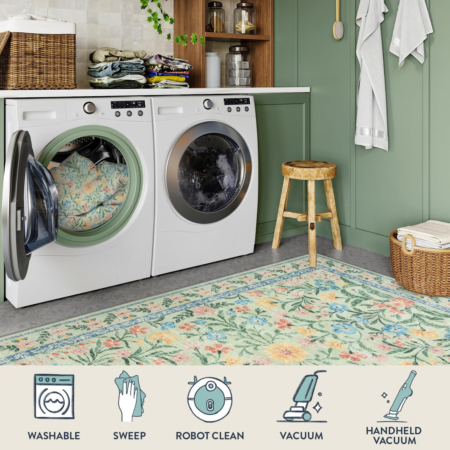 Lahome Sylvie Washable Green Rug, 5x7 Whimsical Floral Rug for Nursery, Boho Cute Bedroom Carpet for Playroom Baby Girl Nursery Classroom Decor, Green/Multi