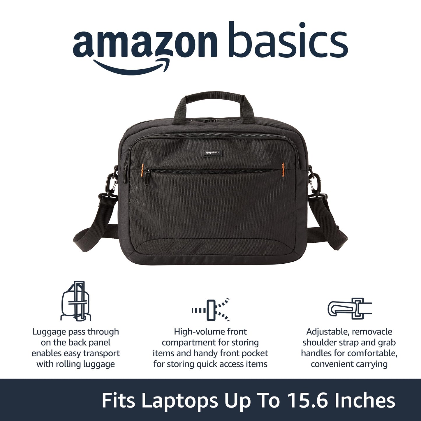 Amazon Basics 15.6 in Laptop Bag with Shoulder Strap and Handle, Large Capacity, Spacious Compartments, Black
