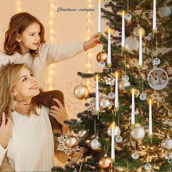 Flameless Christmas Tree Hanging Candles with Remote,12 Pcs LED Taper Candles,Flickering Battery Operated Taper Candle with 12 Crystal Ball Hooks for Christmas Decorations Best Gift(White)