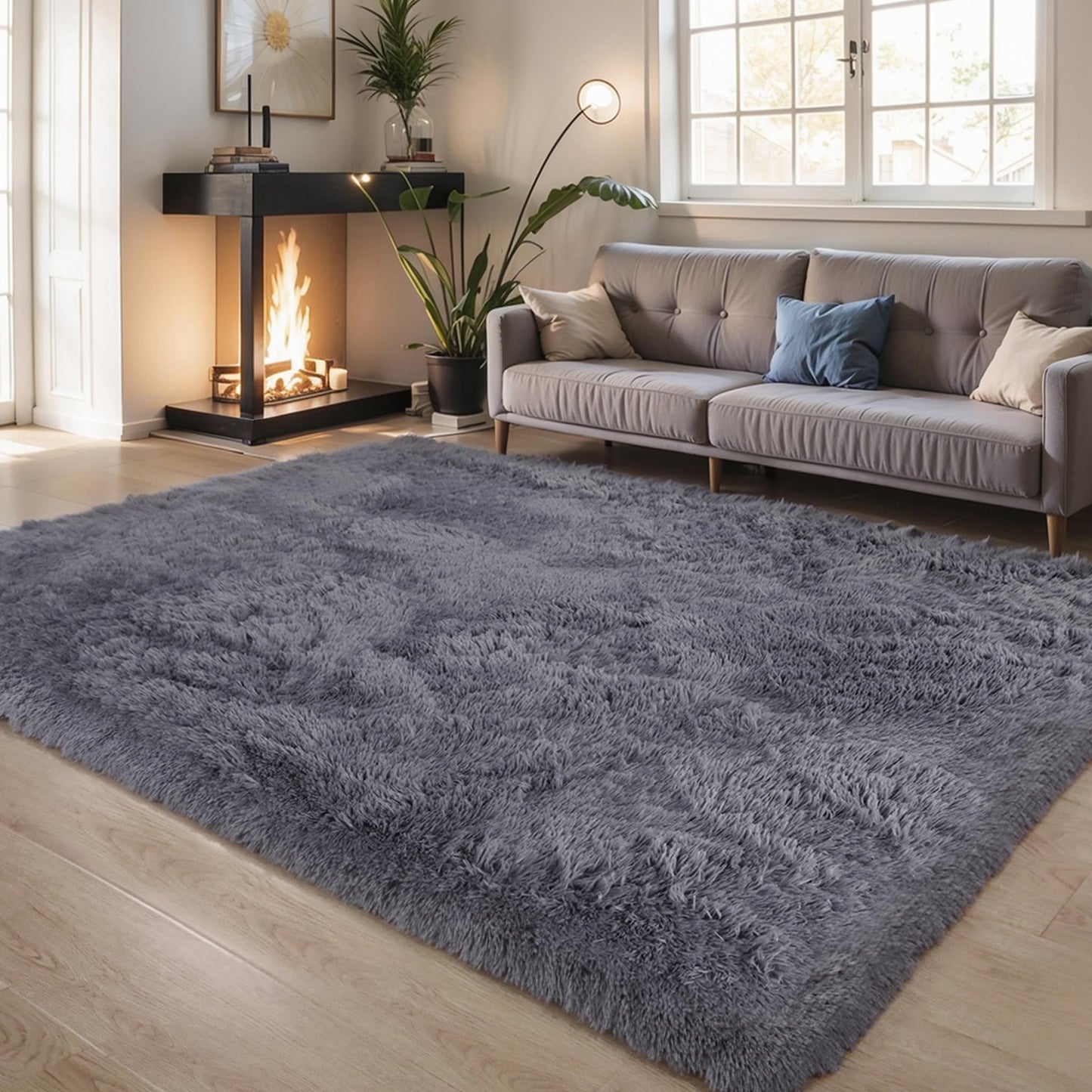 KICHOWUA Thick Area Rug Grey Fluffy Shag 3x5 for Bedroom, Ultra Soft Plush Fuzzy Washable Throw Carpet, Modern Non Slip Cozy Furry Shaggy Rug for Living Room Kids Baby Nursery College Dorm