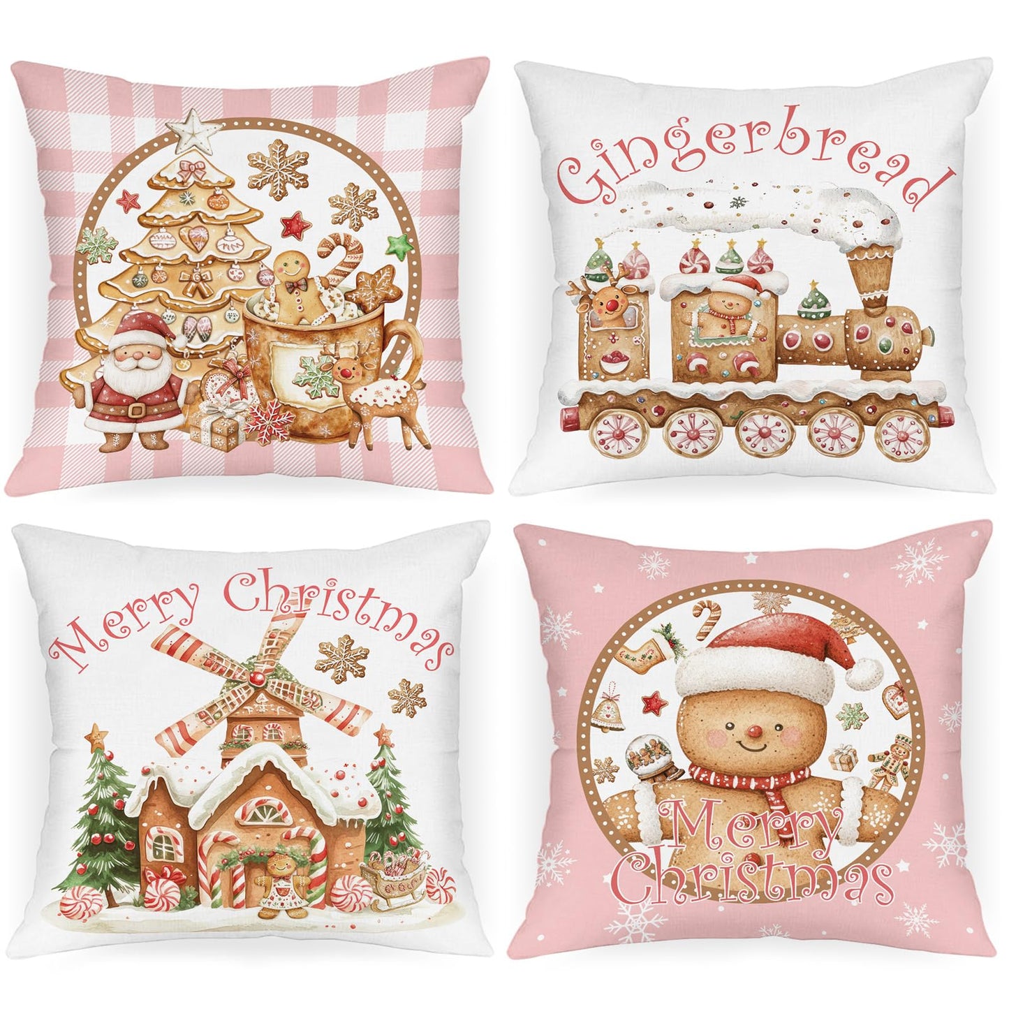 Lanpn Christmas Throw Pillow Covers 18x18 Set of 4, Gingerbread Man House Pillow Covers Christmas Pillowcase Decorative Cushion Cover for Home Bedroom Couch Sofa Decor (Pink)