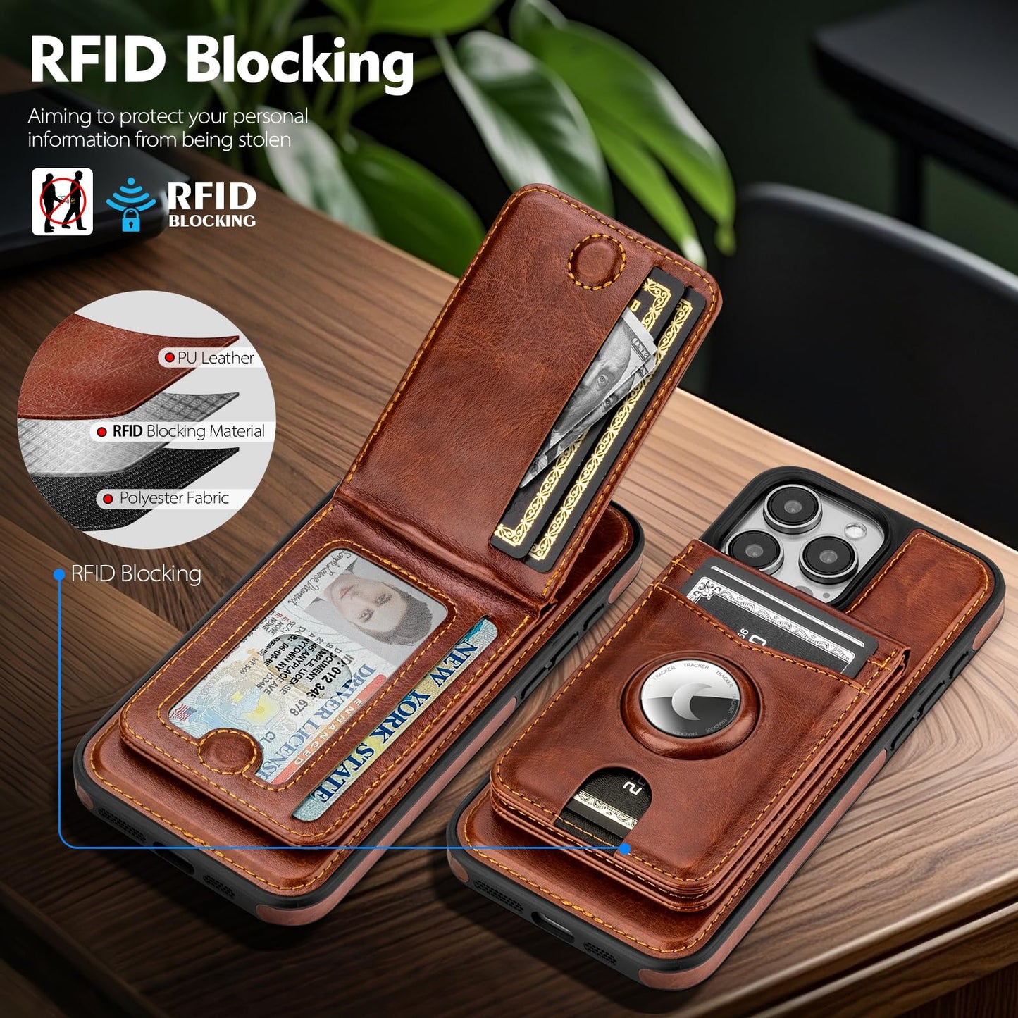 SkyEagle Compatible with MagSafe iPhone 15 Pro Max Case Wallet with AirTag Holder,2 in 1 PU Leather Magnetic Detachable RFID Blocking Credit Card Holder Flip Cover Kickstand for Men Women,Brown