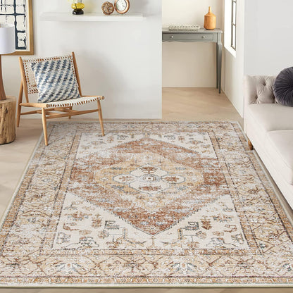 Lahome 5x7 Boho Machine Washable Area Rug Non-Slip Lightweight Low-Pile Oriental Distressed Print for Living,Bedroom,Office Adelyn