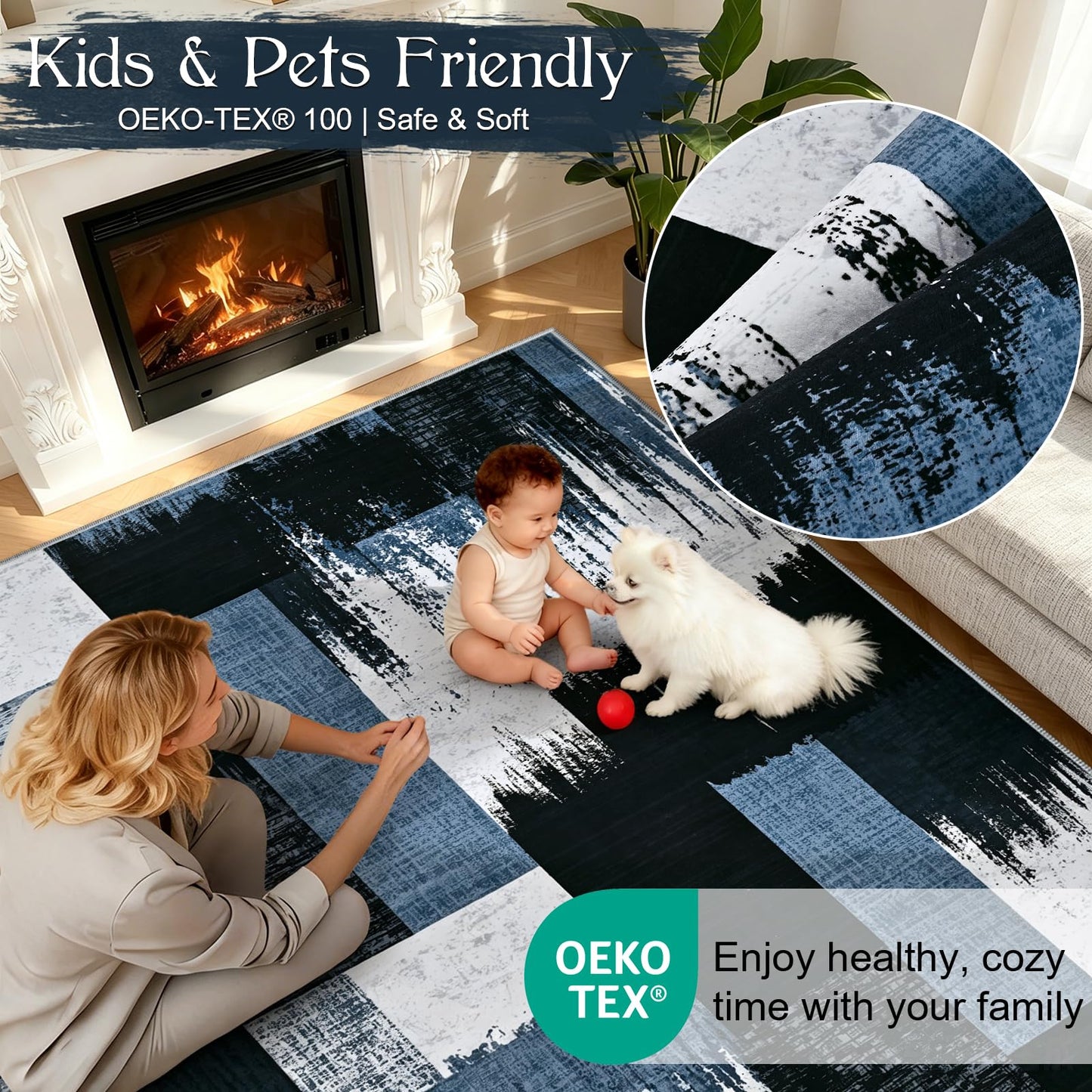 Yinhua Geometric 5x8 Area Rug for Living Room Modern Patchwork Rugs for Bedroom Low Pile Rugs Washable Non Slip, Soft Faux Wool Area Rug for Home Office, Dining Room, Blue and Gray Carpet