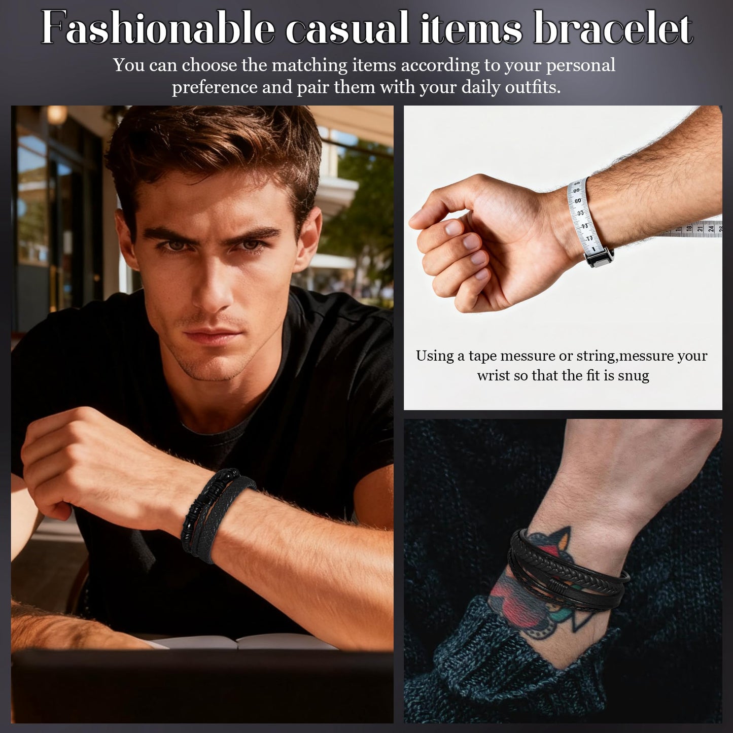 REVOLIA 3Pcs Black Leather Bracelets for Men Women Braided Leather Wristband Cuff Bracelets Multi-Layer Braided Leather Bracelets Set Black 7.5 Inch
