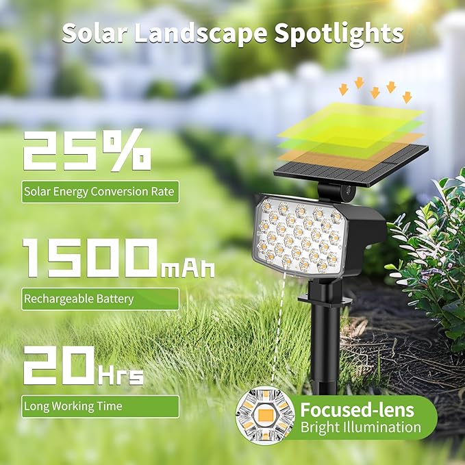Solar Spot Lights Outdoor, [27 LED/2 Pack] Adjustable Solar Lights Outdoor Waterproof IP65, Solar Powered Landscape Spotlights 3 Lighting Modes for Yard Garden Outside(Warm White)