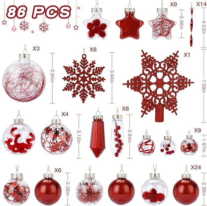 SHareconn 86PCS Christmas Balls Ornaments Set,Shatterproof Plastic Clear Decorative Baubles for Xmas Tree Decor Holiday Wedding Party Decoration, Red