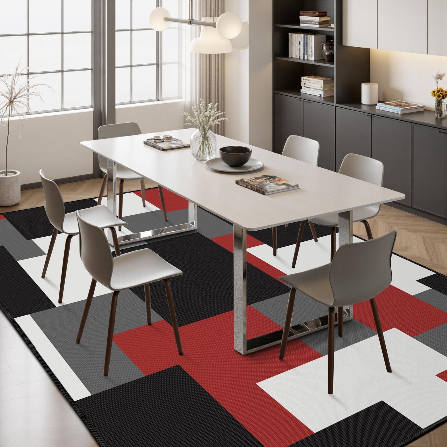 Tyrot Modern Geometric 8x10 Area Rugs for Living Room Ultra Thin Linen-Look Abstract Indoor Rug Non Slip & Non-Shedding Washable Red Grey White Rug for Bedroom, Dining Room Home Office