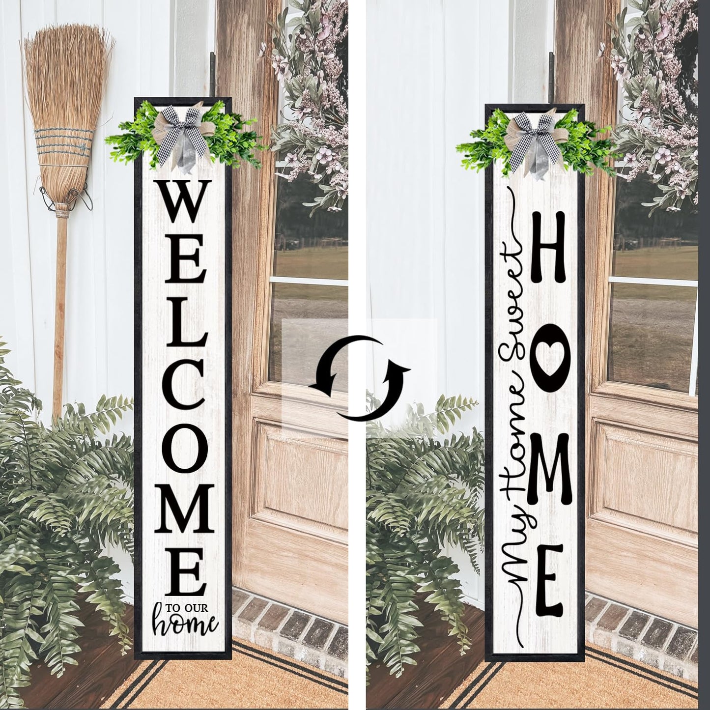 Double-sided Welcome Sign for Front Door, 45"X9" Wooden Welcome to Our Home Outdoor Welcome Signs for Porch with Magnetic-adhesive Wreath, 2in1 Vertical Tall Welcome Porch Sign, Black