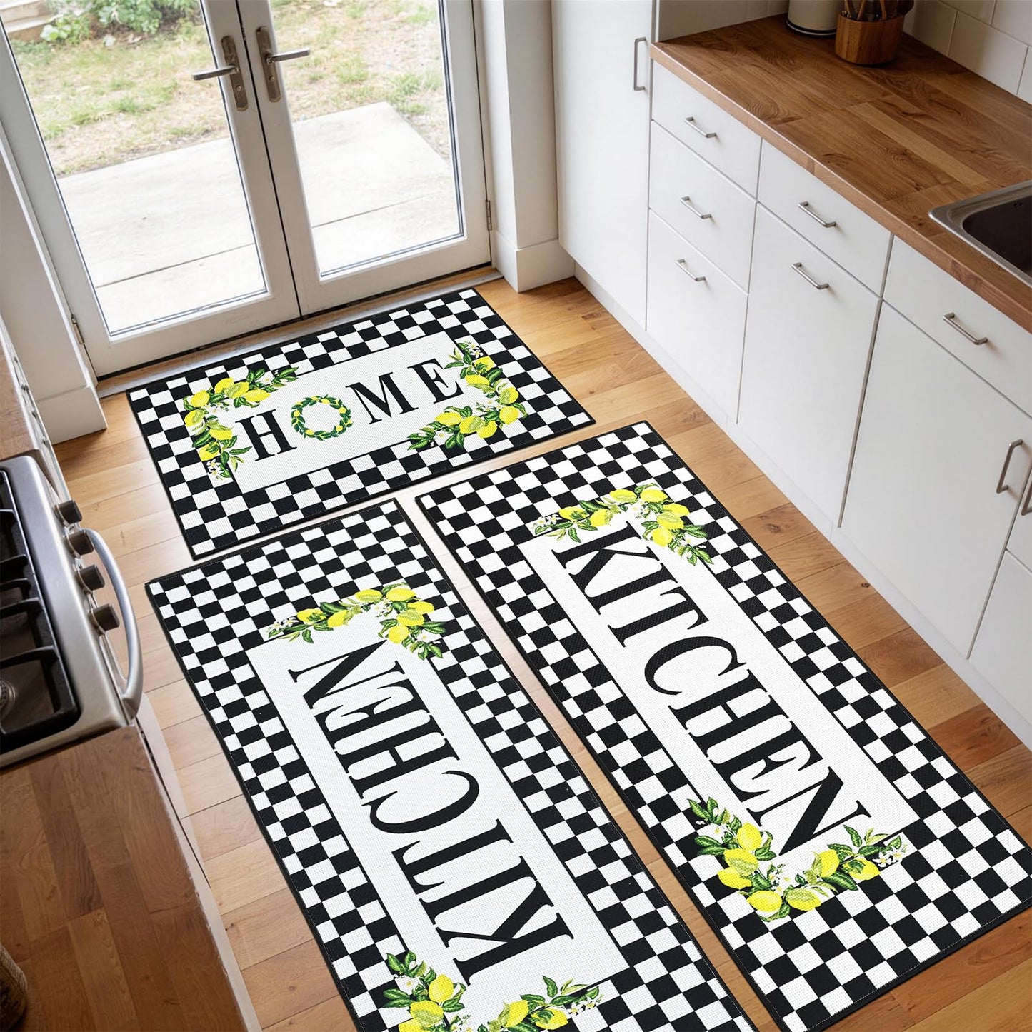 PCSWEET HOME Black and White Checkered Kitchen Rugs Washable Non Slip Lemon Kitchen Rugs Set of 3 Checkered Door Mat Indoor