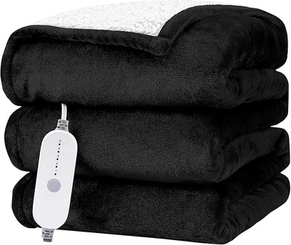 HYLEORY Heated Electric Blanket Throw 50"x60" Soft Fleece & Flannel with 5 Heating Levels & 3 Hours Timer Auto Shutt Off, ETL Certified, Washable，Heated Blanket for Body-Black
