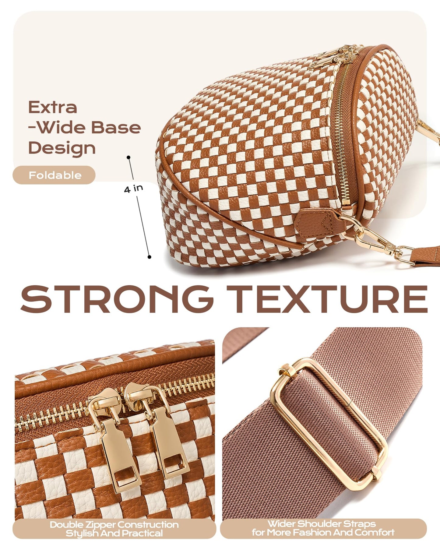 Trendy Woven Checkered Crossbody Bum Bag for Women，PU Leather Checkered Purse Fanny Packs Belt Bag (Woven Bum Bag - Brown White)