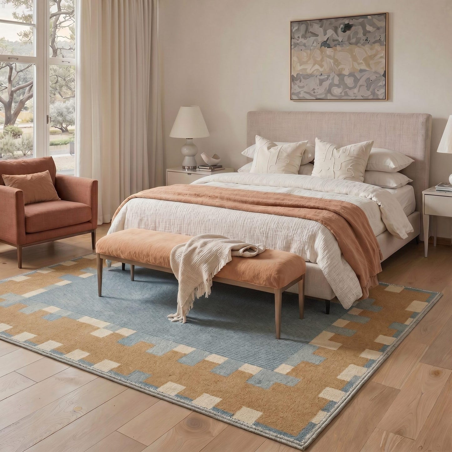 BEIMO 8X10 Area Rugs Minimalist Geometric Blocks Rug, Low Pile Non Slip Machine Washable Indoor Rug for Living Room Bedroom Dining Room Home Office, Dusty Camel