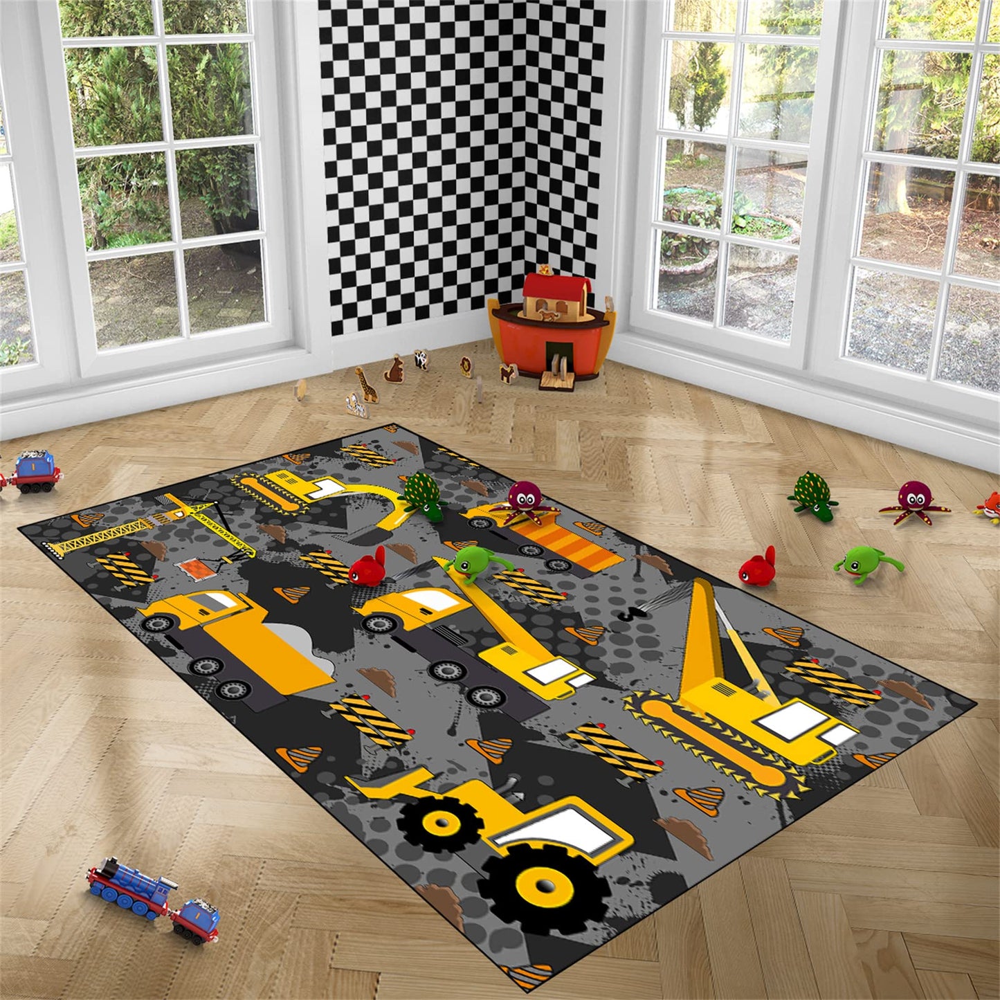 CAFCIOYG Construction Rugs for Boys Room Play Mat for Cars and Trucks PlayMat Kids Rugs for Playroom Car Carpet for Kids Room Construction Decor for Boys Room,Grey 2'5''×4'