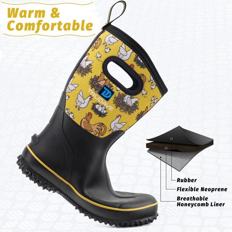 Trudave Rubber Boots for Women, Mid Calf Rain Boots, Womens Waterproof Boots, Neoprene Insulated Outdoor Work Mud Boots for Hunting Farming Gardening Fishing, Chicken, Size 8