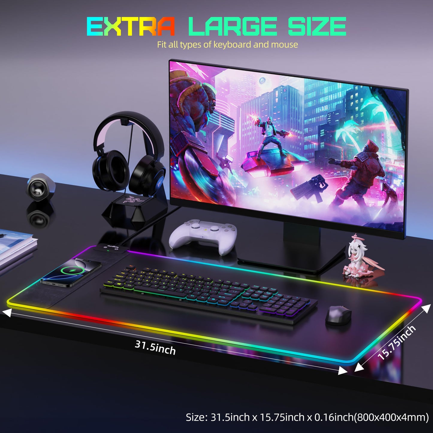 Mouse Pad with Wireless Charging, RGB Gaming Mousepad, Large Desk Mat with Ultra-Smooth Surface, Non-Slip Mouse Mat, Waterproof Computer Keyboard Pad for Gaming, Desk, Office, PC, 800x400x4MM, Black