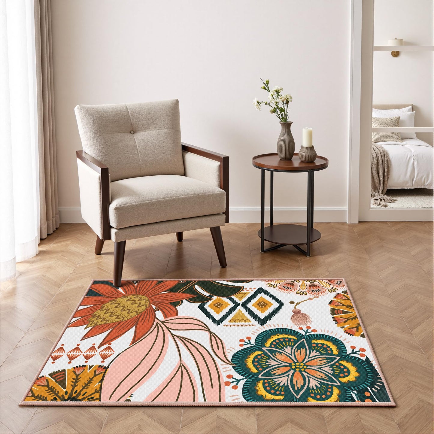 Tyrot Boho Floral 2x3 Washable Kitchen & Entryway Rug Ultra-Thin Flat Woven Low-Pile Botanical Area Rug Non Slip Indoor Door Mat for Bathroom Bedroom, Blush Pink