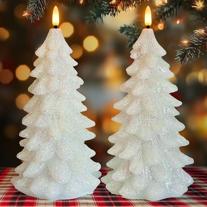 Christmas Tree Shaped Flickering Flameless Candles, Glittering White Real Wax Battery Operated LED Candles with Timer for Christmas Home Party Decoration Set of 2