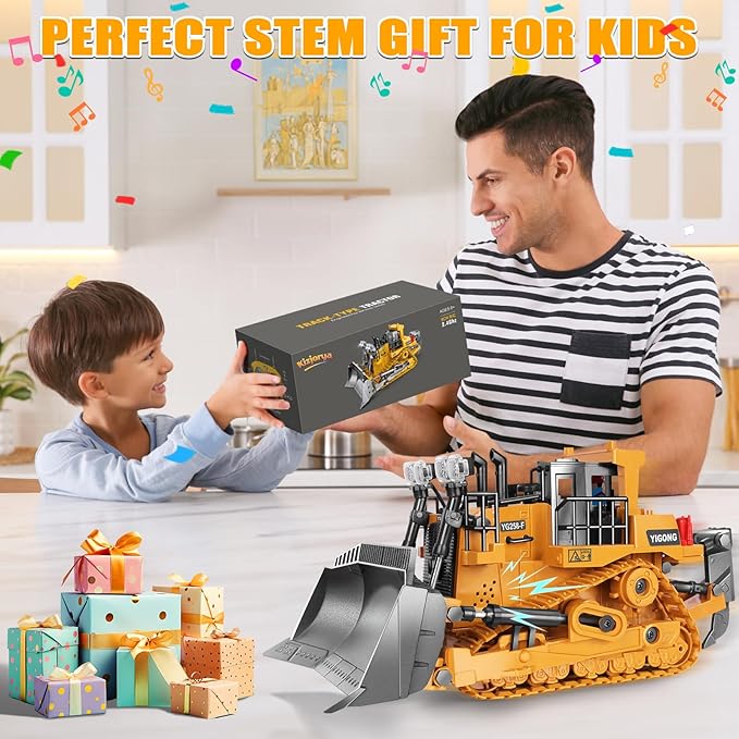 Remote Controlled Bulldozer 9-Channel Metal RC Construction Vehicle Toy with Lights Sound and Rechargeable Battery Remote Controlled Bulldozer Toy Gift for Kids Boys Girls Aged 4-12 (2.4 GHz)