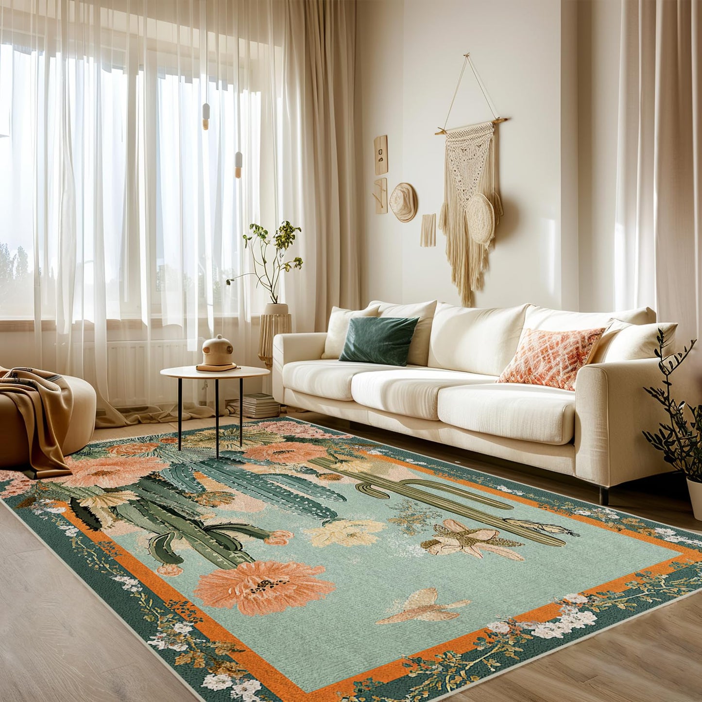 5x7 Cactus Flower Area Rugs Boho Tropical Floral Botanical Green Rug for Living Room Indoor Soft Non-Slip Thin Carpet Modern Abstract Rugs for Dining Room Bedroom Under Table Washable Machine