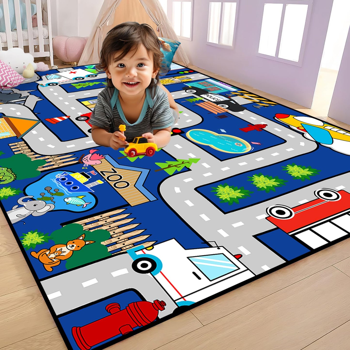 Car Rugs for Kids 6x9 Feet - Large Car Road Rug for Playroom Kids Carpet Playmat Rug City Life Road Map Carpets Classroom Nursery Kid Play Rugs, Blue