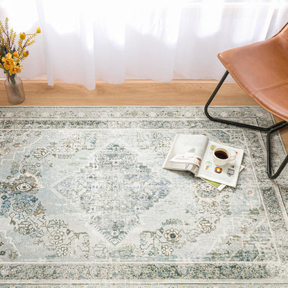 Phantoscope Washable Area Rug 6'x9' Non-Slip, Vintage Neutral Rugs for Living Room, Bedroom, Dining Room, Distressed Boho Medallion Pattern, Low-Pile Foldable Floor Carpet, Silver Grey/Taupe