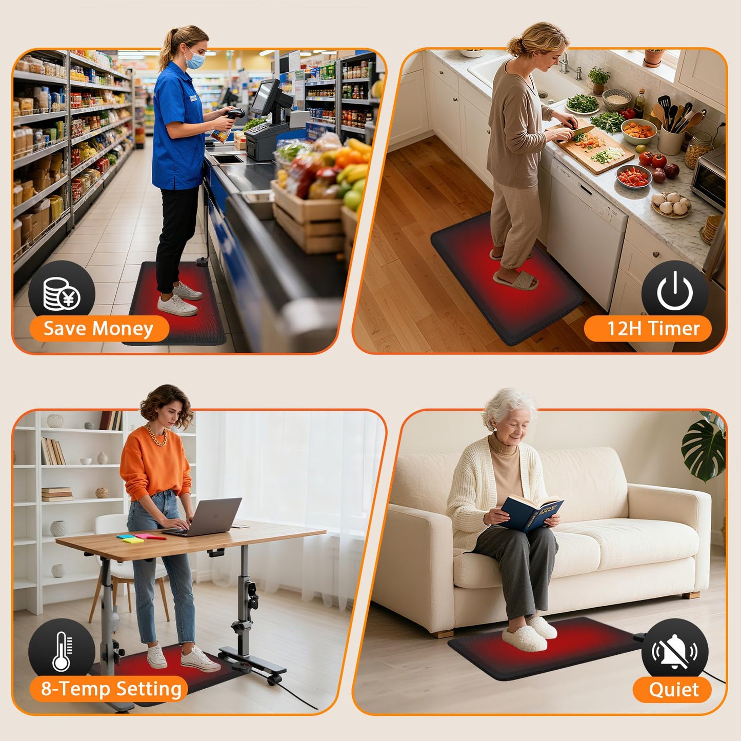 Heated Anti-Fatigue Floor Mat Under Desk - Heated Standing Mat Cushioned with Foot Warmer 17.7"x30",8 Levels Temp & 12H Timer, 1.2" Thick Comfort Foam Heating Pad for Kitchen,Office,Home,Durable
