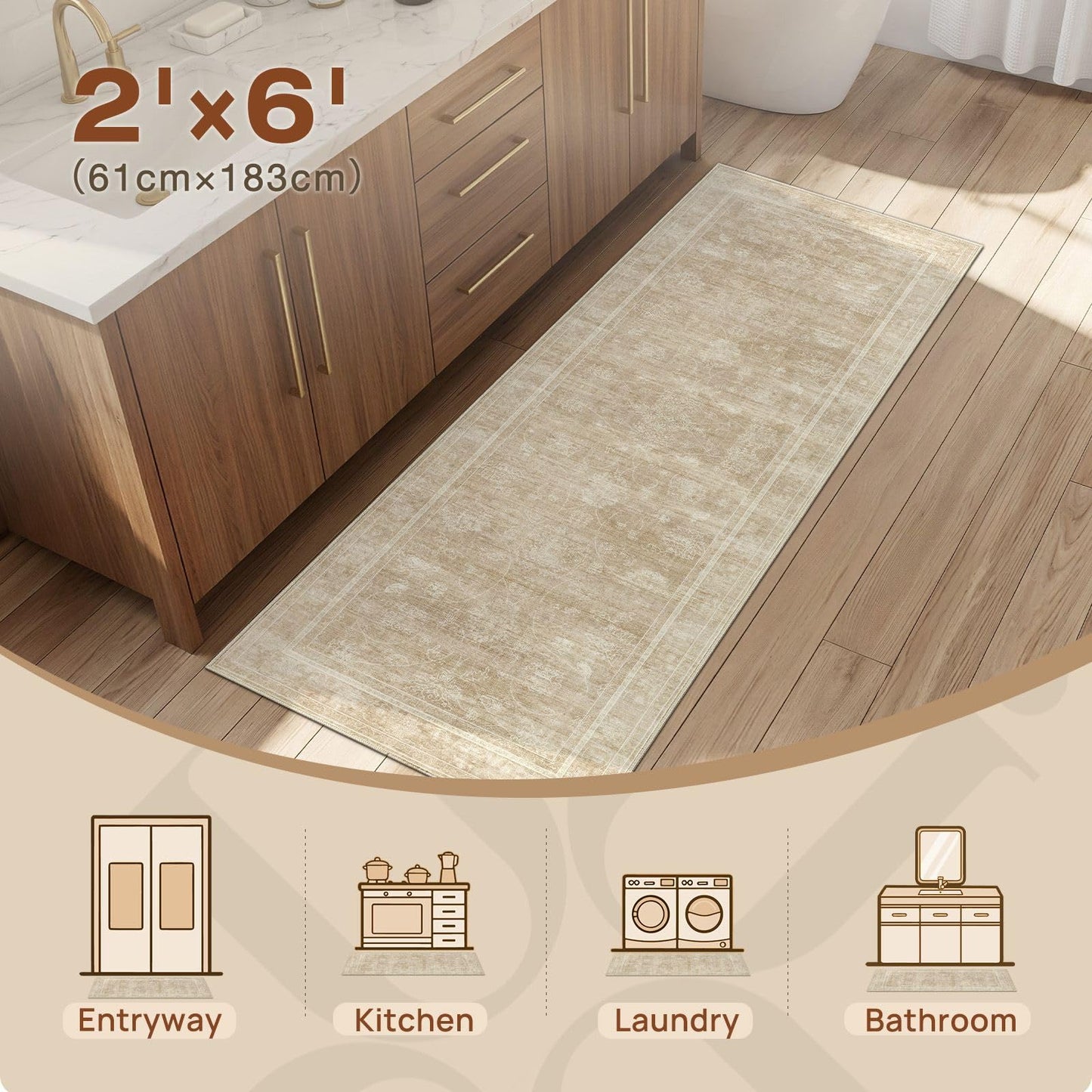 UERMEI 2x6 Machine Washable Runner Rug: Vintage Non Slip Low-Pile Stain-Resistant Hallway Floor Carpet, Soft for Entryway Kitchen Bathroom, Kid Pet Safe Robot Vacuum Friendly - Brown