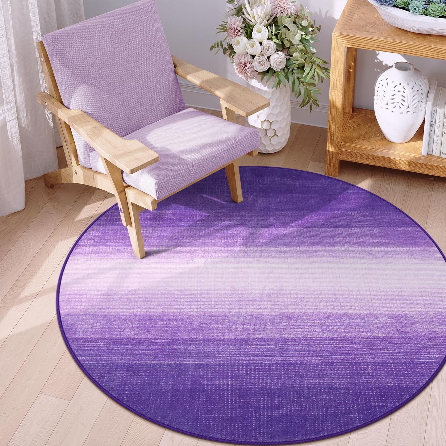 Wonnitar Modern Ombre Round Rugs 4ft, Washable Purple Bedroom Round Area Rug, Non-Slip Soft Circle Bathroom Throw Carpet, Gradient Low Pile Floor Mat for Bedside Entry (Purple, Round 4ft)