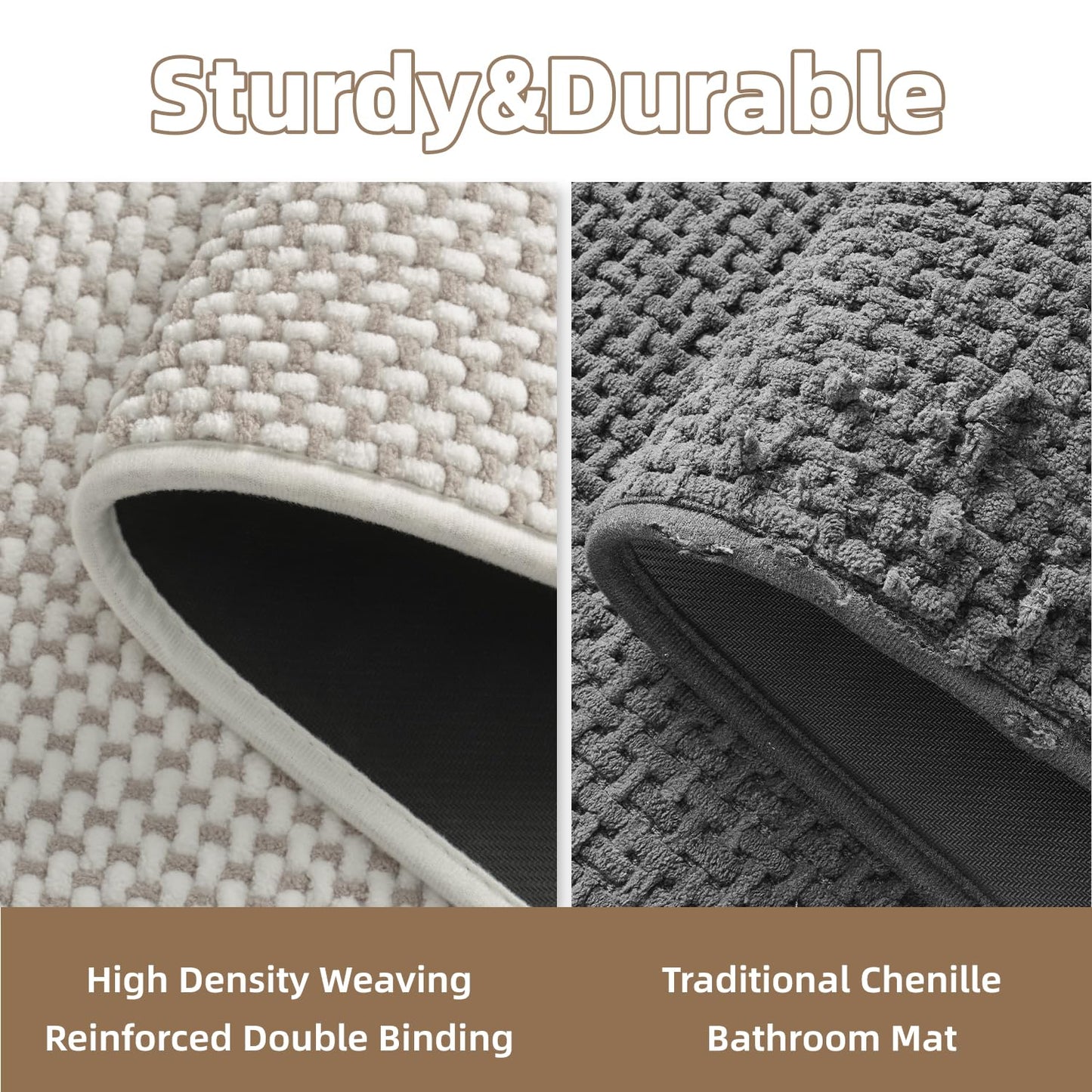 PADOOR-Bath Mat Runner-Super Absorbent Chenille Bathroom Mats-Rubber Backed Bath Mats for Bathroom Non Slip, Easy Clean Bathroom Runner Rugs Front of Bathtub,Shower Room,Sink-17×59, Beige&Cream