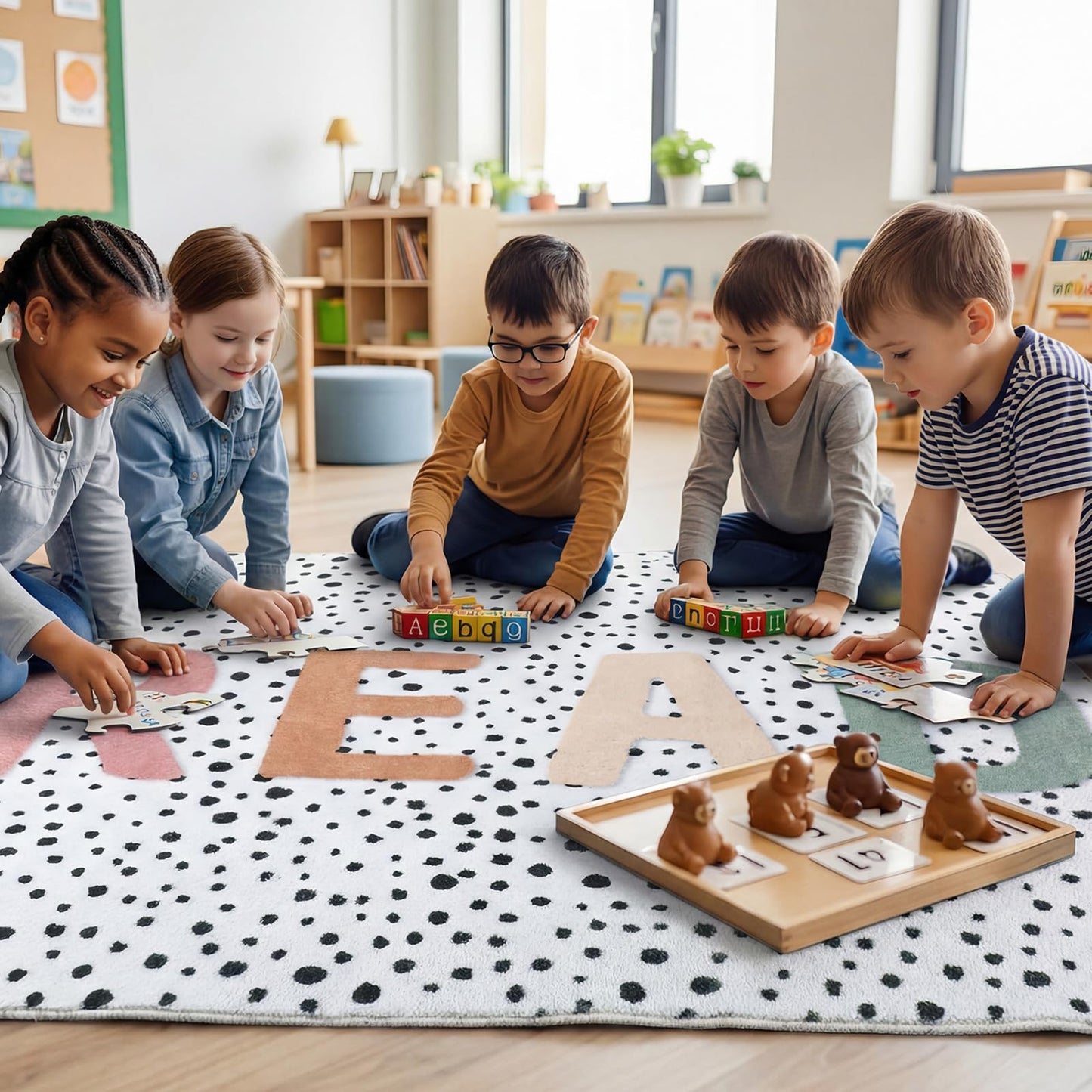 Dunzy Boho Classroom Read Rug 47x39 Inch Reading Corner Rug Back to School Decor Soft Pastel Anti Skid Read Carpets for Back to School Classroom Library Preschool Nursery Daycare Playroom