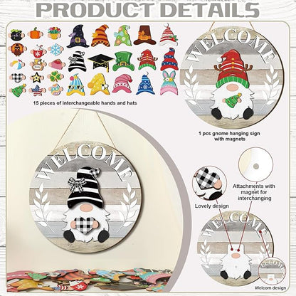 Qunclay Interchangeable Wooden Gnome Decor Holiday Seasonal Gnome Decorations with Magnet Pieces and Detachable Hats Changeable Welcome Sign for Home(Yellow and Grey)