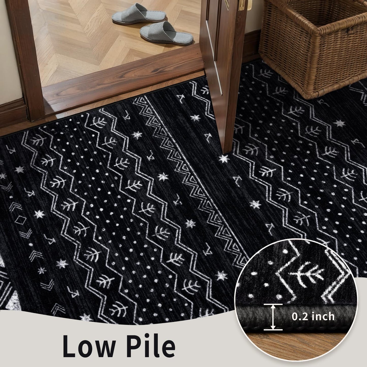 SERISSA Round Area Rug, 5ft Washable Non-Slip Black and White Boho Circle Rug, Soft Low-Pile Geometric Indoor Circular Carpet for Bedroom Entryway Living Room Dining Room
