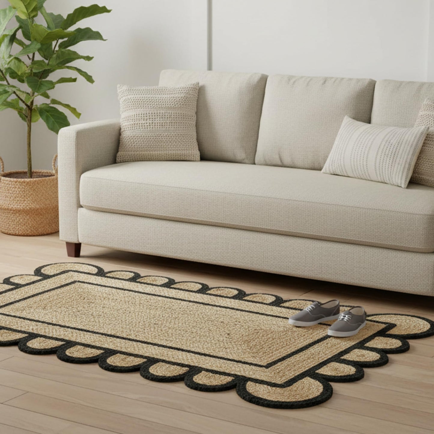 Braided Scalloped Jute Rug Natural with Black Trim, Handmade Farmhouse Boho Area Rug for Entryway, Kitchen, Hallway, Living Room, Bedroom, Rustic Woven Floor Rug - (Black- 2X3 ft)