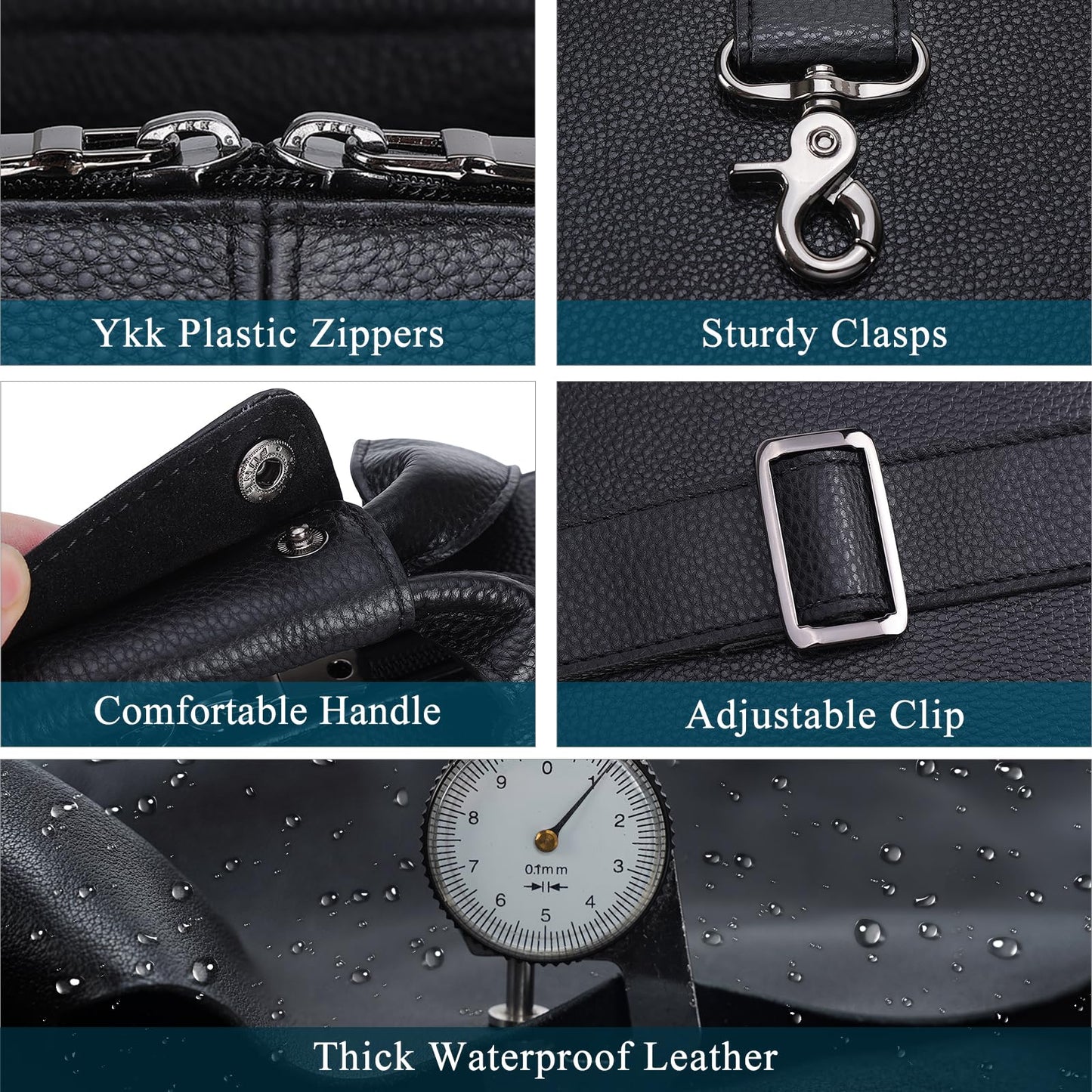Masa Kawa Men’s Leather Briefcase for 16" Laptop Waterproof Crossbody Shoulder Messenger Bag Business Travel Work Computer Attache Case, Black