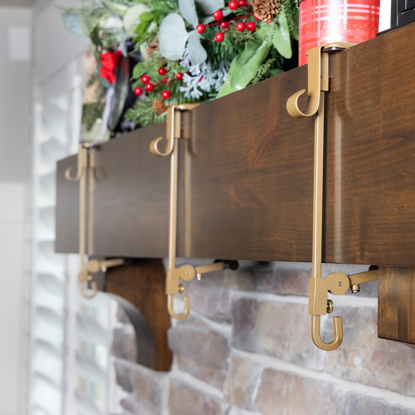 [Fireplace Stocking and Garland Hanger] - Patented Mantle Holder Has Two Hooks - Hold Christmas Stocking and Hang Garland - Durable Wrought Iron - Padded Contact Points (2 Pack - Gold)