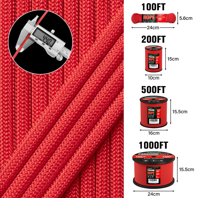 HOKINETY 1200 Paracord Rope - 4.4mm 14 Strand Nylon Parachute Spool para Cord Lanyard for Outdoor Camping Survival Utility Tent Crafting DIY Projects Fishing Clothsline Bracelet - Red 200FT
