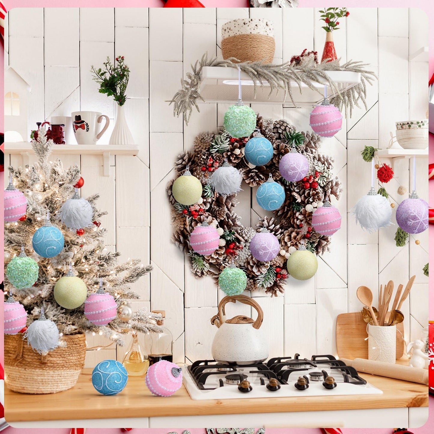 Syhood 12 Pcs 2.4 Inch Pastel Winter Tree Ornament Pink Yellow Blue Shatterproof Xmas Ornament Glitter Foam Winter Balls Tree Decoration for Home Xmas Holiday Candyland Party Centerpiece