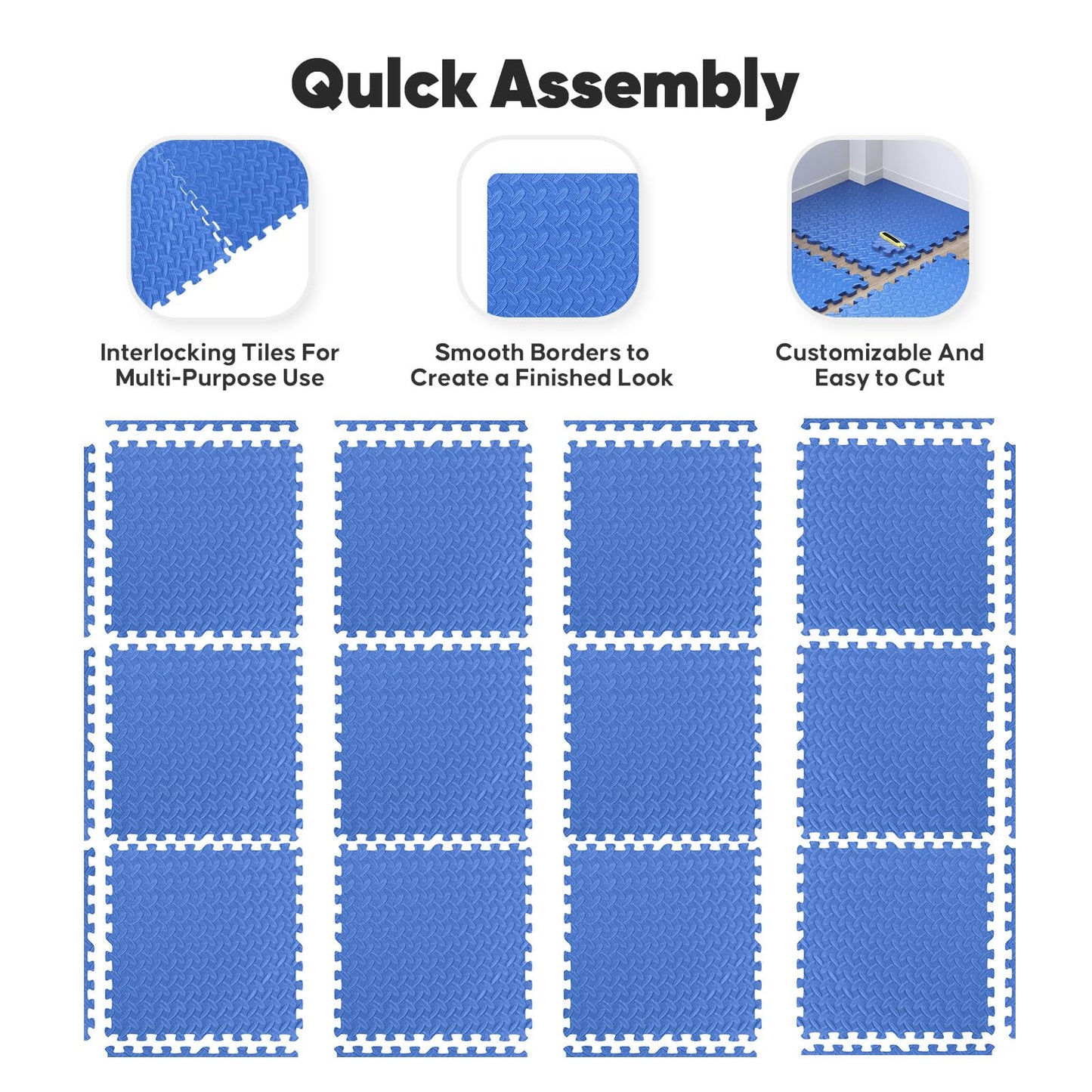 24 Pack Home Gym Mat, Puzzle Exercise Mat, EVA Interlocking Foam Floor Tiles for Home Workout Equipment and Kids' Play Areas - Blue, 24 in x 24 in x ½ in - 24 Tiles (Blue, 24 Pack 96 sq ft)