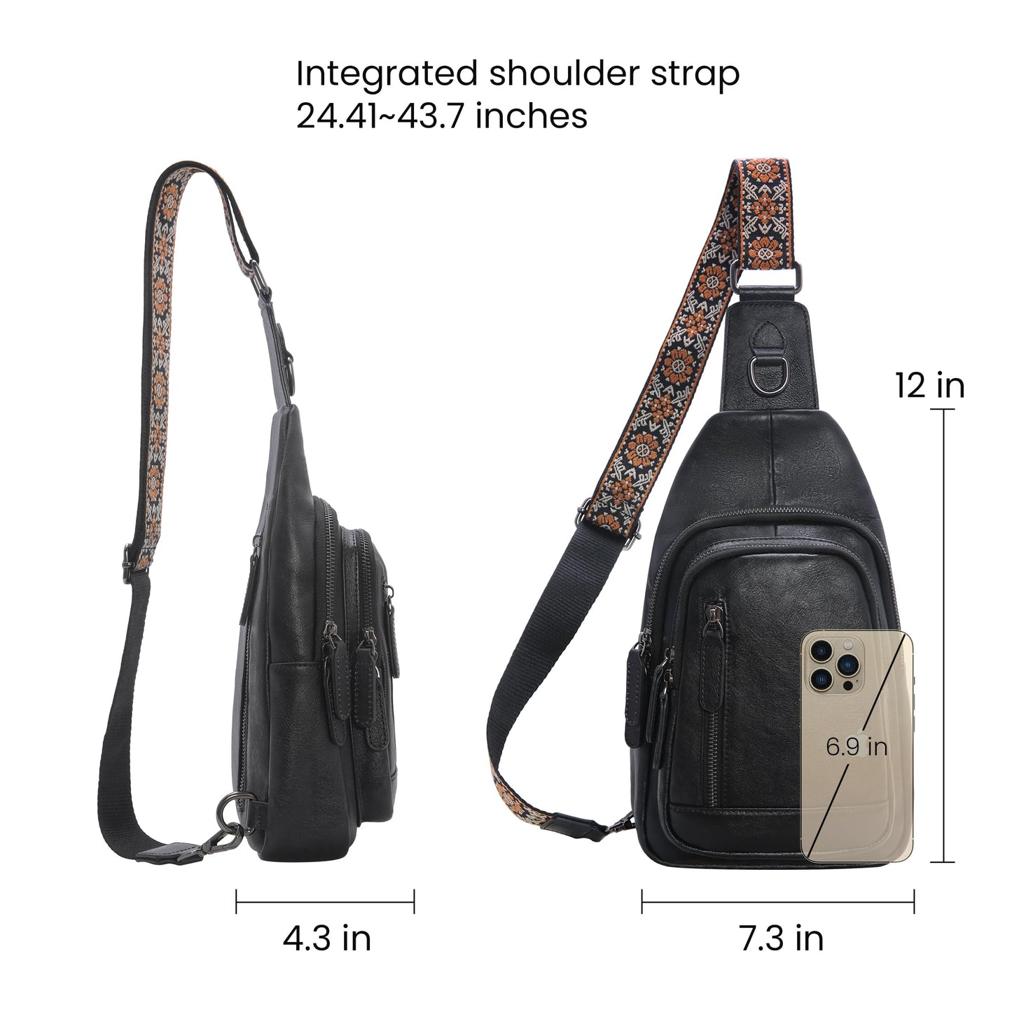 HESHE Leather Sling Bag for Women Crossbody Bags with Multi-Pocket Stylish Fanny Packs for Travel Chest Bag (Black)