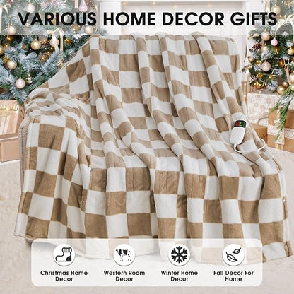 Light Brown Heated Throw Blanket Electric, 50X60 Heating Blanket with 10 Heat Levels & 8 Hours Auto Off for Lap, Checkered Plaid Soft Sherpa Blankets Warmer Gifts for Couch Grandma Women Adults