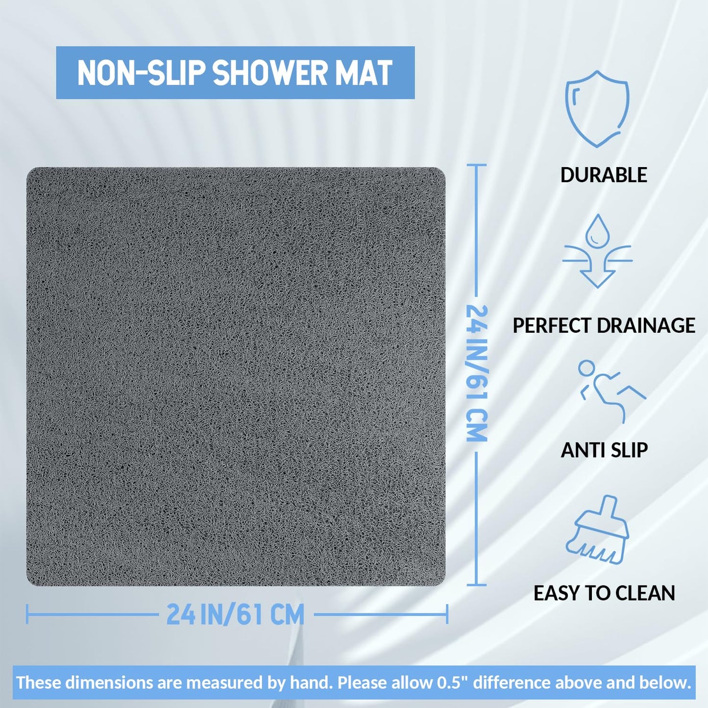 Hargiis Non Slip Shower Mat, Anti Slip Bath Mat, Quick Drying Bath Tub Mats, Foot Scrubber Mat, Anti Slip Mat for Tub, Floor, Bathroom, Home, Kitchen, Hotel (Grey 24”x24”)