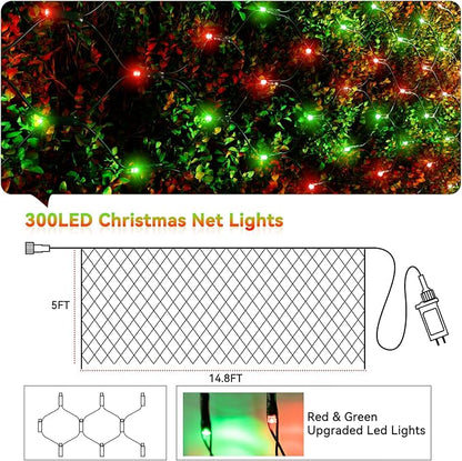 LitHome 14.8FT x 5FT Christmas Net Lights Outdoor, 300 LED Red Green Bush Lights with 8 Modes, Connectable Waterproof Net Mesh Light Dark Green Wire for Bushes Shrubs Outdoor Christmas Holiday Decor