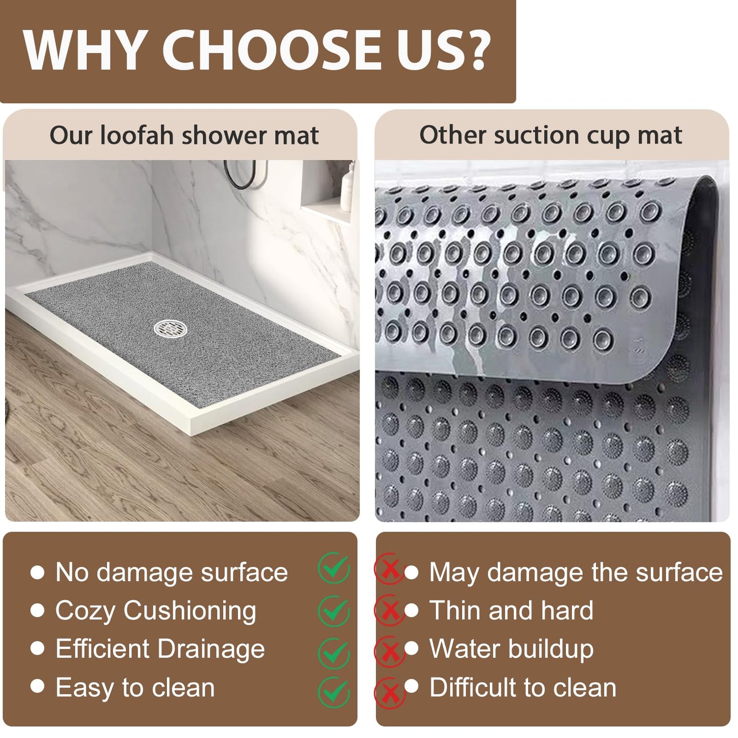 Extra Large Non Slip Shower Mat: 39.4x27.5 inch Loofah Shower Mat for Inside Shower with Drain Hole in Middle, Soft PVC Anti-Slip Shower Stall Mats for Bathroom,Wet Area, Quick Drying