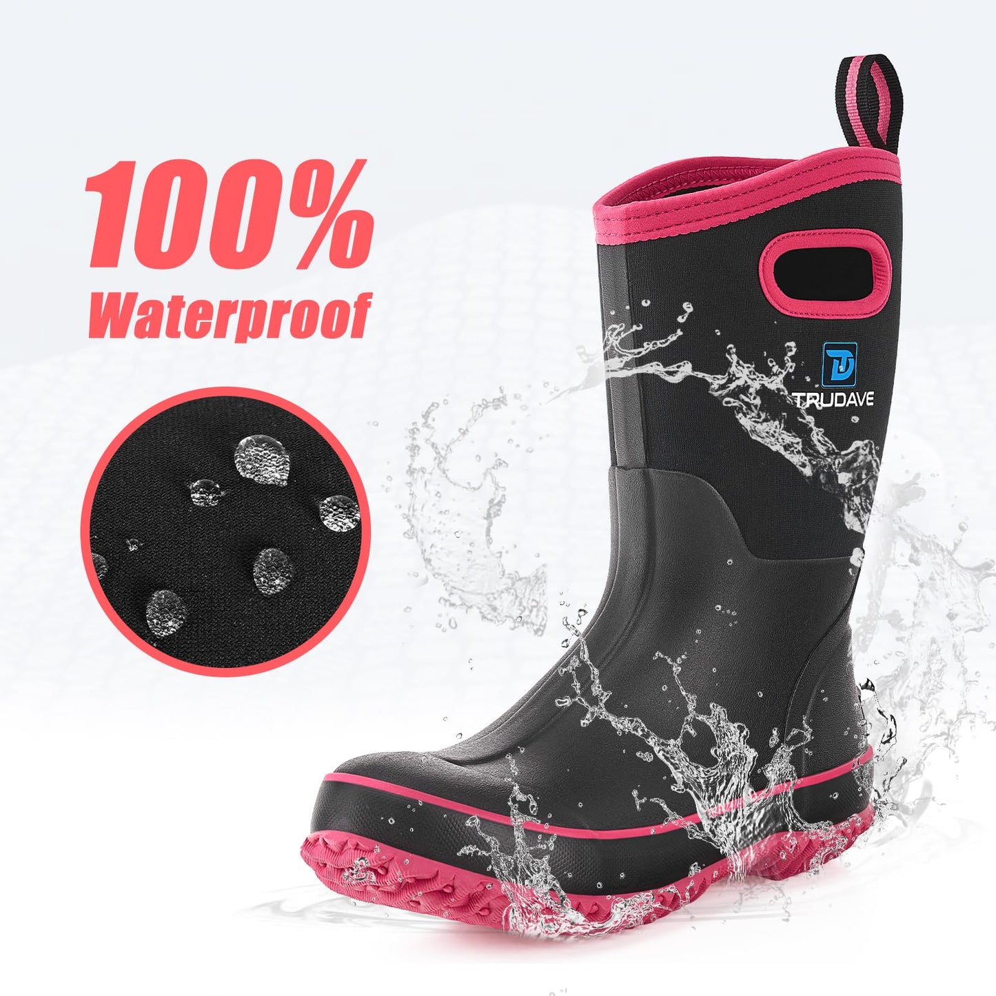 Trudave Rubber Boots for Women, Mid Calf Rain Boots, Womens Waterproof Boots, Neoprene Insulated Outdoor Work Mud Boots for Hunting Farming Gardening Fishing, Pink, Size 10