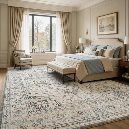 Vintage Washable Area Rug 8x10, Non-Slip Low-Pile Farmhouse Persian Carpet for Living Room Dining Room Bedroom, Stain Resistant Traditional Indoor Rug, Neutral Cream Blue