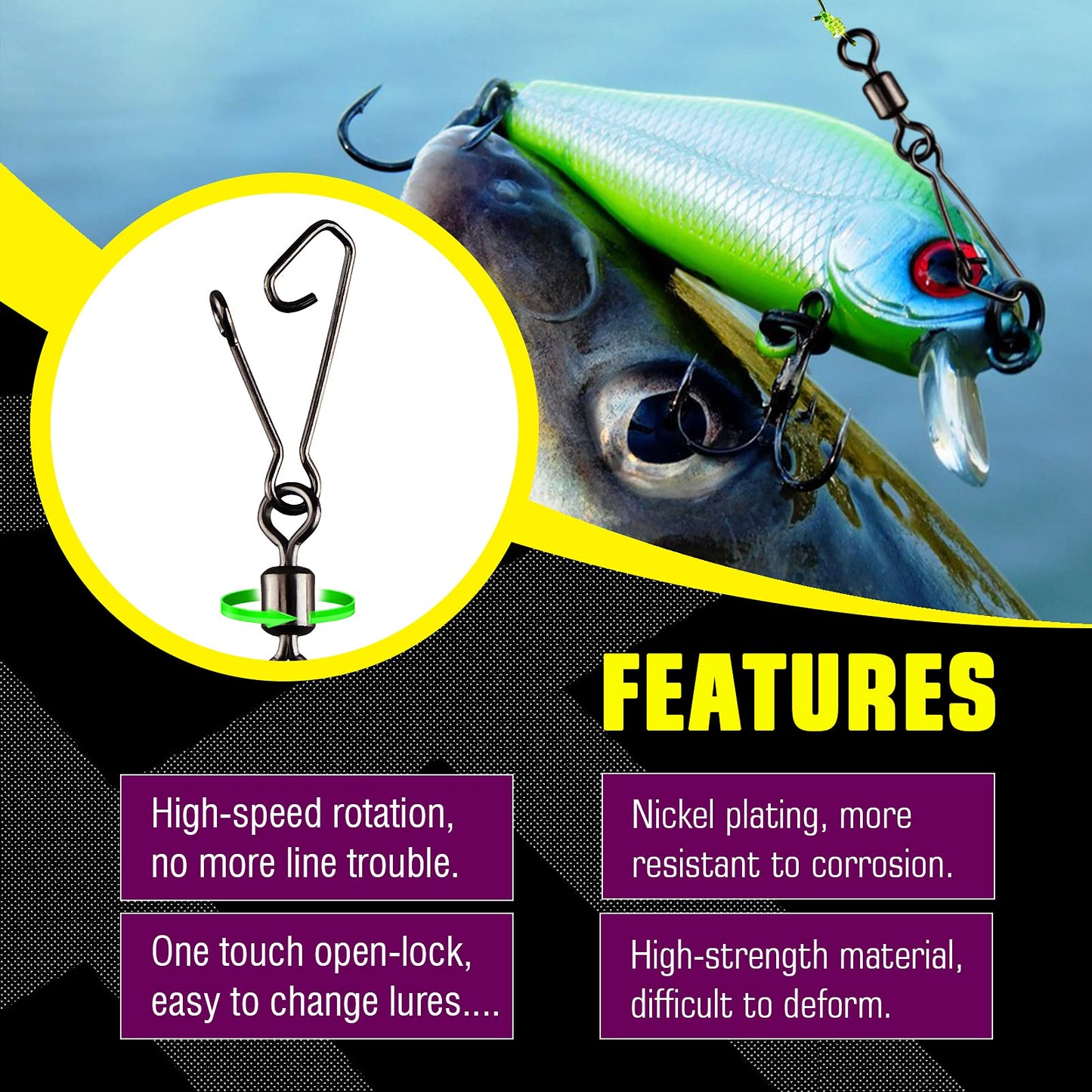 AMYSPORTS Saltwater Rolling Fishing Swivel Tackle High Strength Fishing Snap Barrel Freshwater Trolling Swivel Snaps Lock Lure Connector Accessories, 100pcs, 44lbs