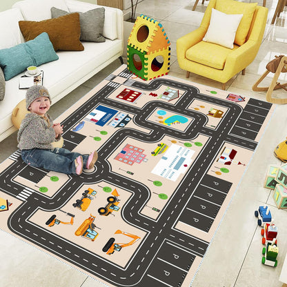 Jngred Kids Car Rug Playmat with Non-Slip Rubber Backing，Car City Life Road Carpet，Child Car Traffic Rugs ，Train Track Play Mat(80×120cm/32×47in)